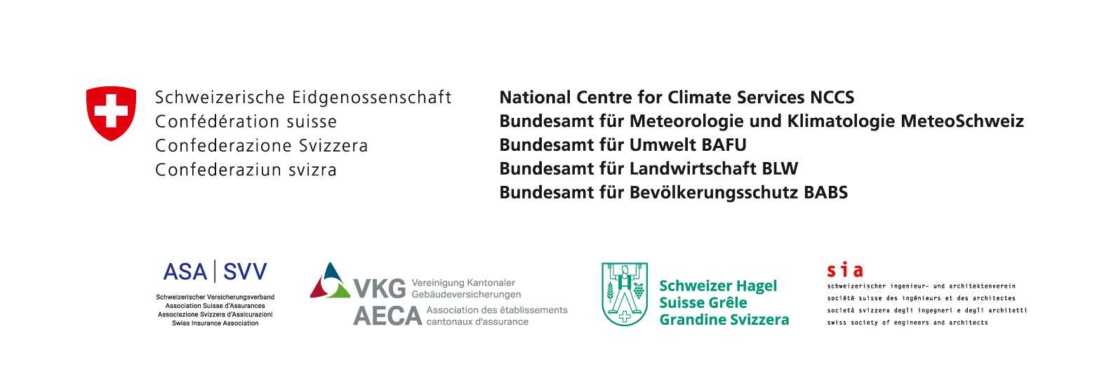 Logo des Projekts "Hagelklima Schweiz" mit den Projektpartnern: Präventionsstiftung der Kantonalen Gebäudeversicherungen PS, Schweizerischer Versicherungsverband SVV, Schweizerische Hagel-Versicherungs-Gesellschaft Schweizer Hagel, Schweizerischer Ingenieur- und Architektenverein SIA, Bundesamt für Meteorologie und Klimatologie MeteoSchweiz, Bundesamt für Umwelt BAFU, Bundesamt für Landwirtschaft BLW und Bundesamt für Bevölkerungsschutz BABS.