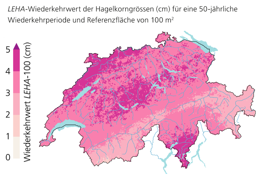 LEHA-Wiederkehrwert der Hagelkorngrössen (cm) für eine 50-jährliche Wiederkehrperiode und Referenzfläche von 100 m2.